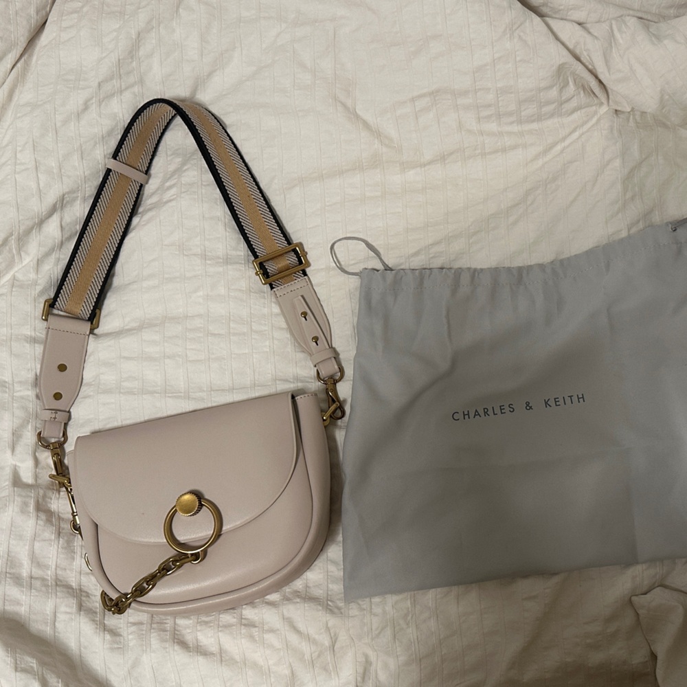 Charles & Keith Beige Crossbody Bag with Gold Accents